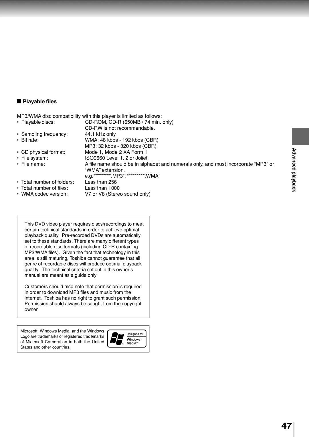 Toshiba SD-330ESB manual Playable files 