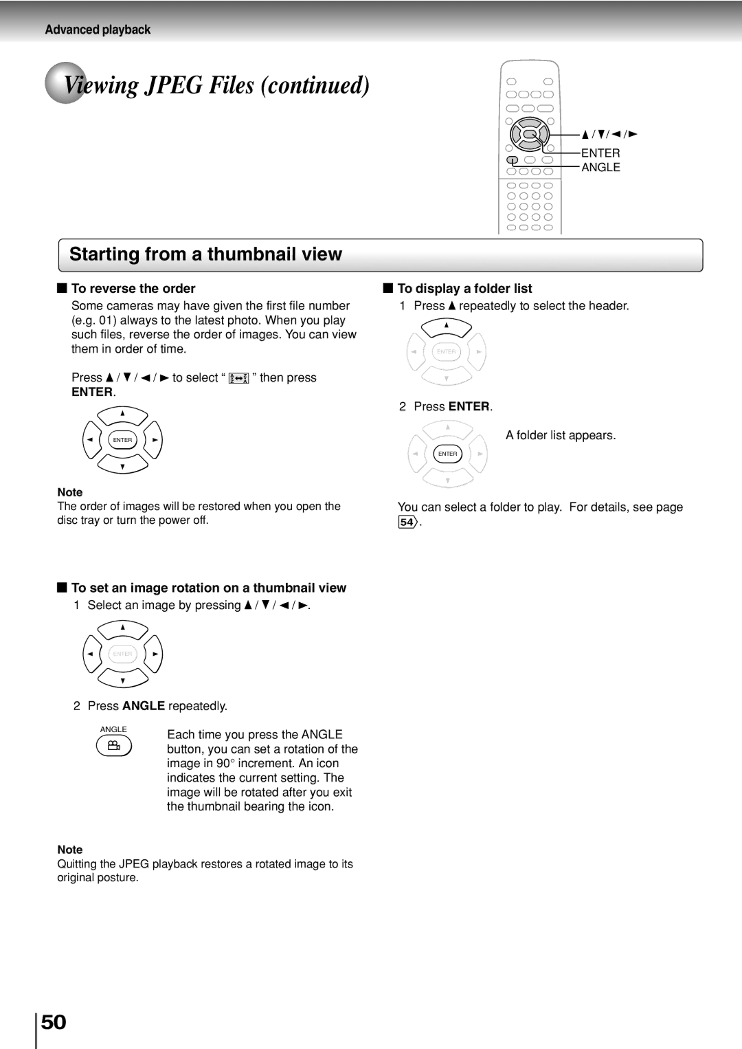 Toshiba SD-330ESB manual To reverse the order, To display a folder list, To set an image rotation on a thumbnail view 