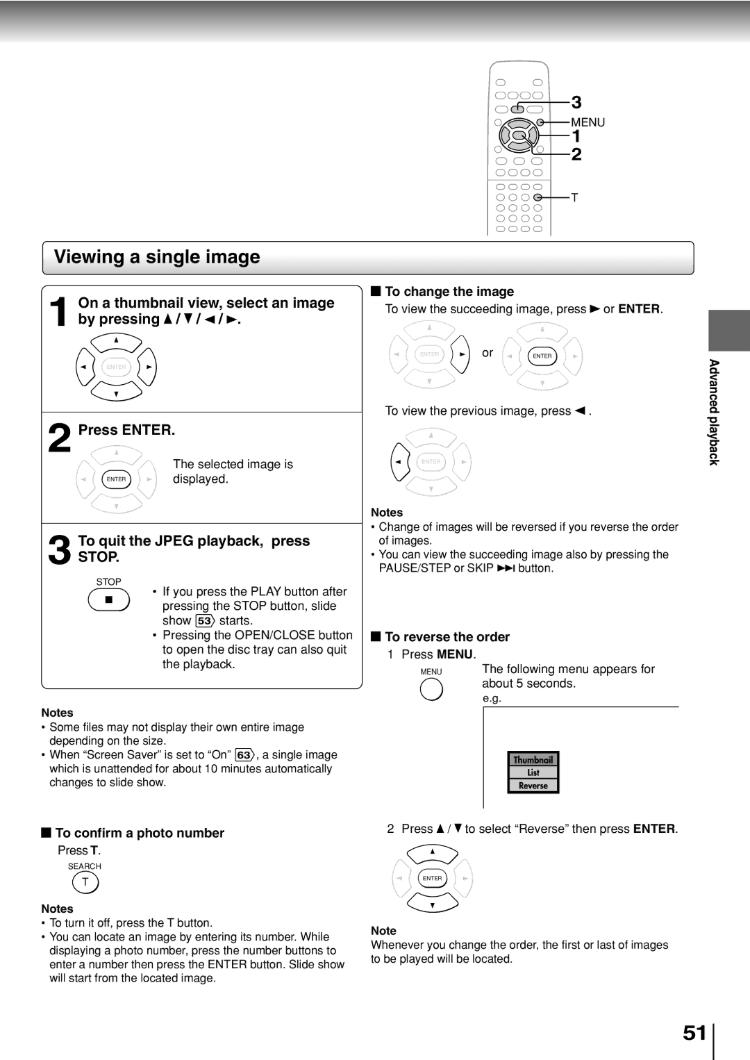 Toshiba SD-330ESB Viewing a single image, On a thumbnail view, select an image by pressing, To confirm a photo number 