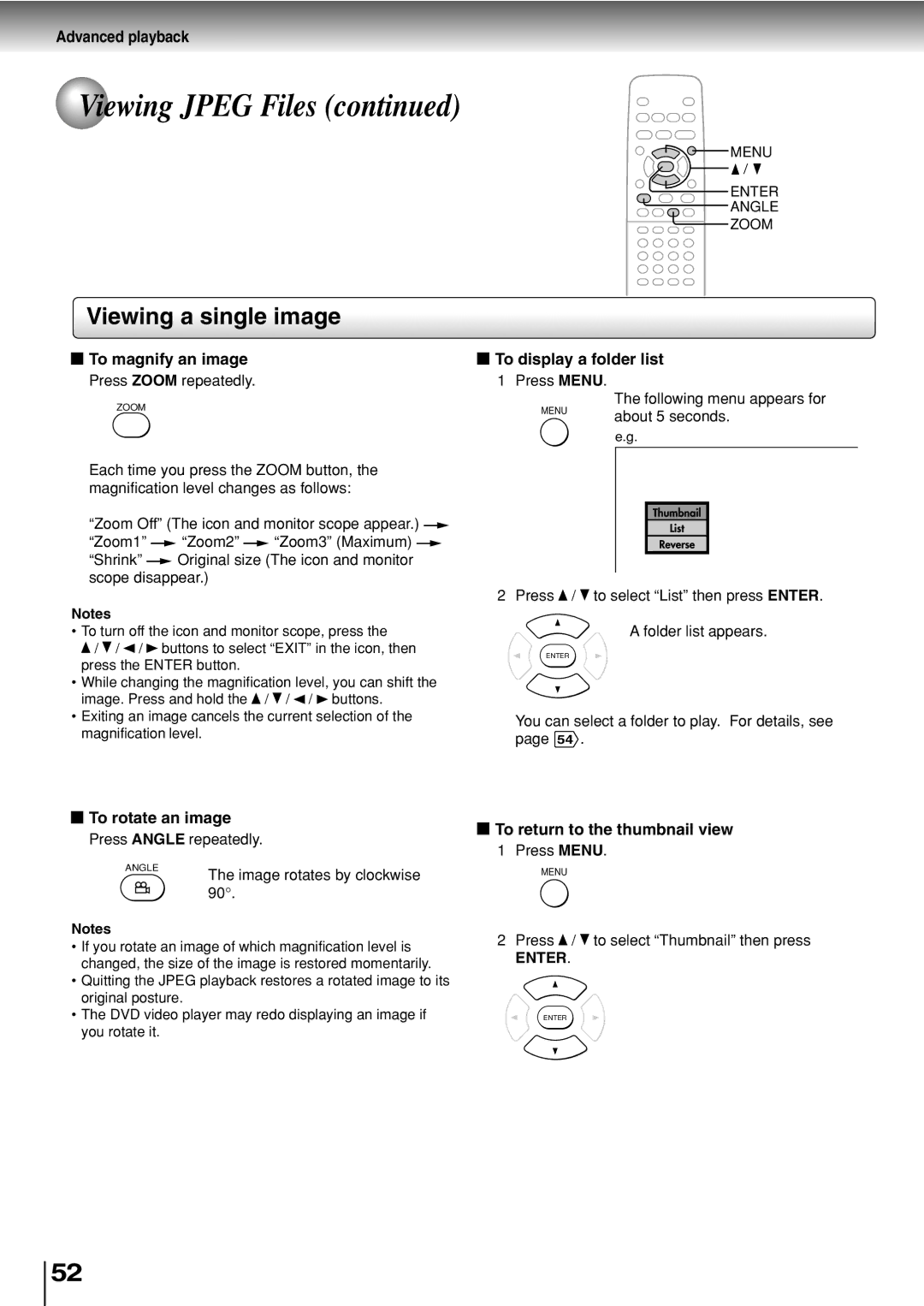 Toshiba SD-330ESB manual To magnify an image, To rotate an image, To return to the thumbnail view 