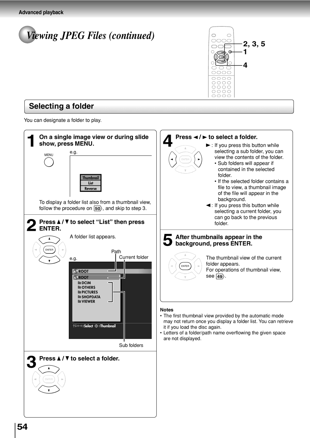 Toshiba SD-330ESB Selecting a folder, Press / to select List then press, After thumbnails appear, Background, press Enter 