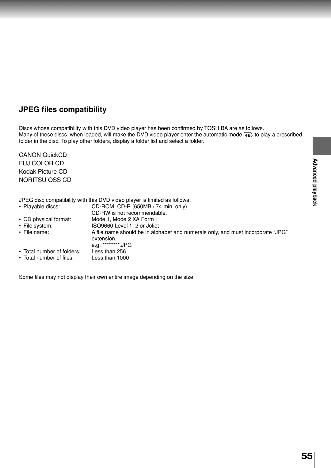 Toshiba SD-330ESB manual Jpeg files compatibility 