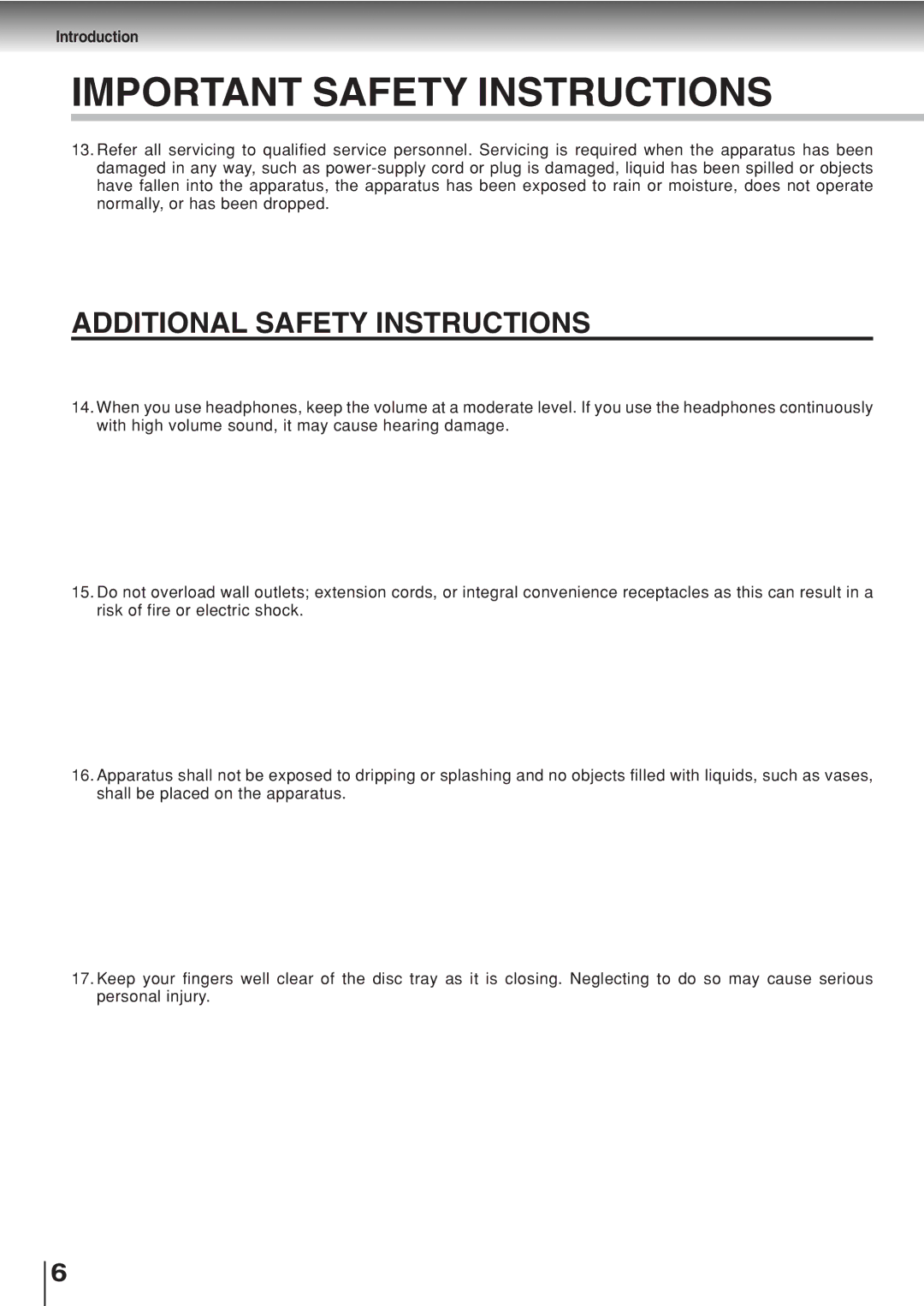 Toshiba SD-330ESB manual Additional Safety Instructions 