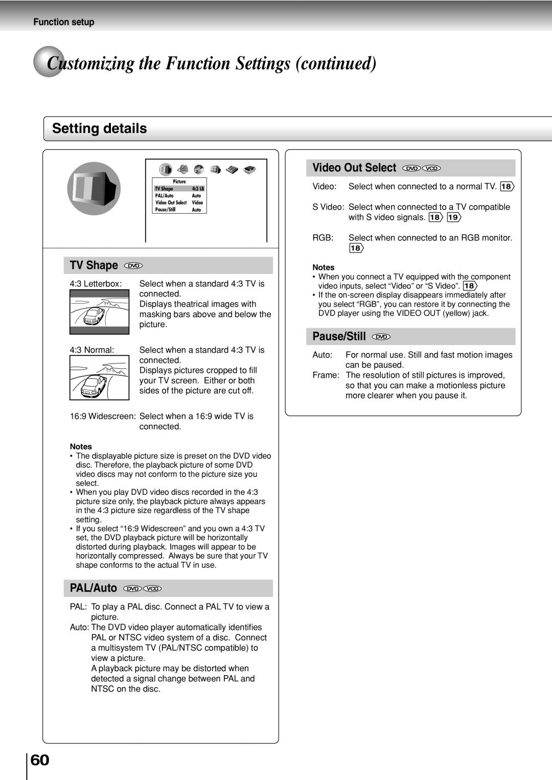 Toshiba SD-330ESB manual Setting details, TV Shape, PAL/Auto DVD VCD Video Out Select DVD VCD, Pause/Still DVD 