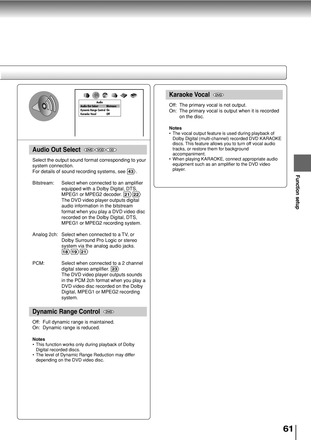 Toshiba SD-330ESB manual Audio Out Select DVD VCD CD, Dynamic Range Control DVD, Karaoke Vocal DVD 