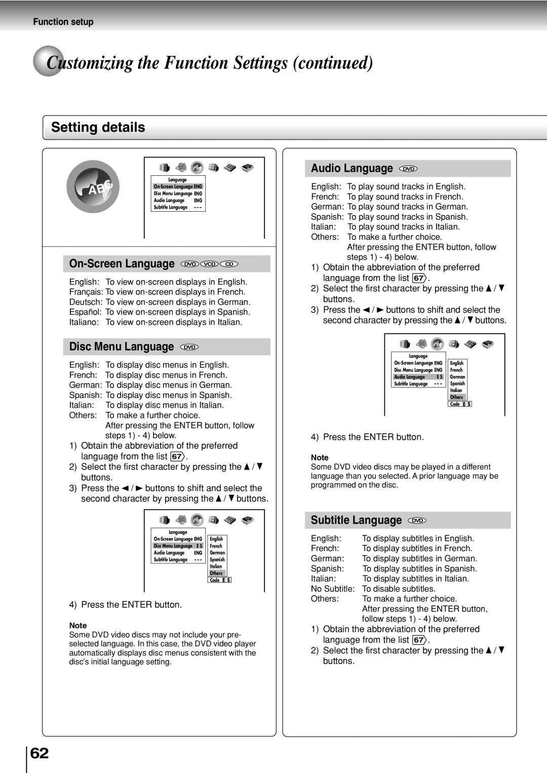 Toshiba SD-330ESB manual On-Screen Language DVD VCD CD, Disc Menu Language DVD, Audio Language DVD, Subtitle Language DVD 