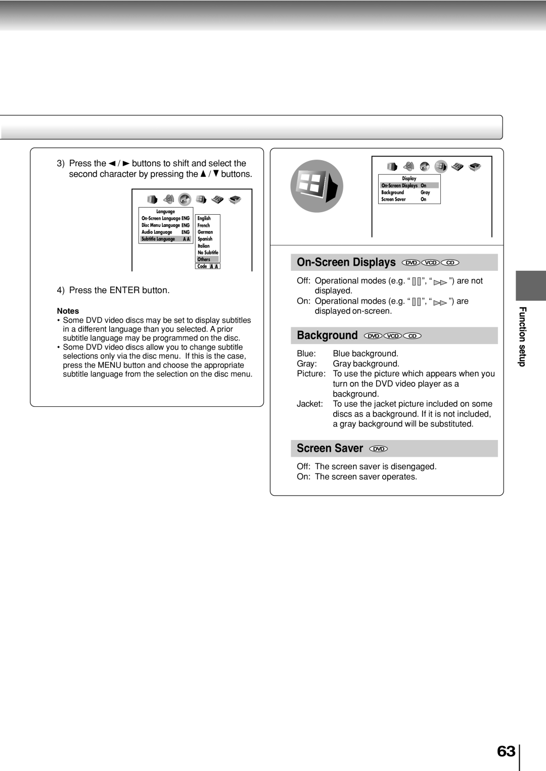 Toshiba SD-330ESB manual On-Screen Displays DVD VCD CD, Background DVD VCD CD, Screen Saver DVD 