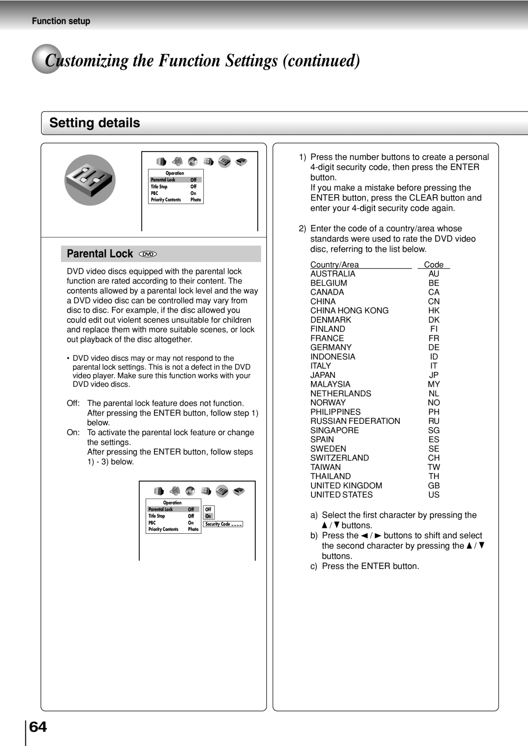 Toshiba SD-330ESB manual Parental Lock 