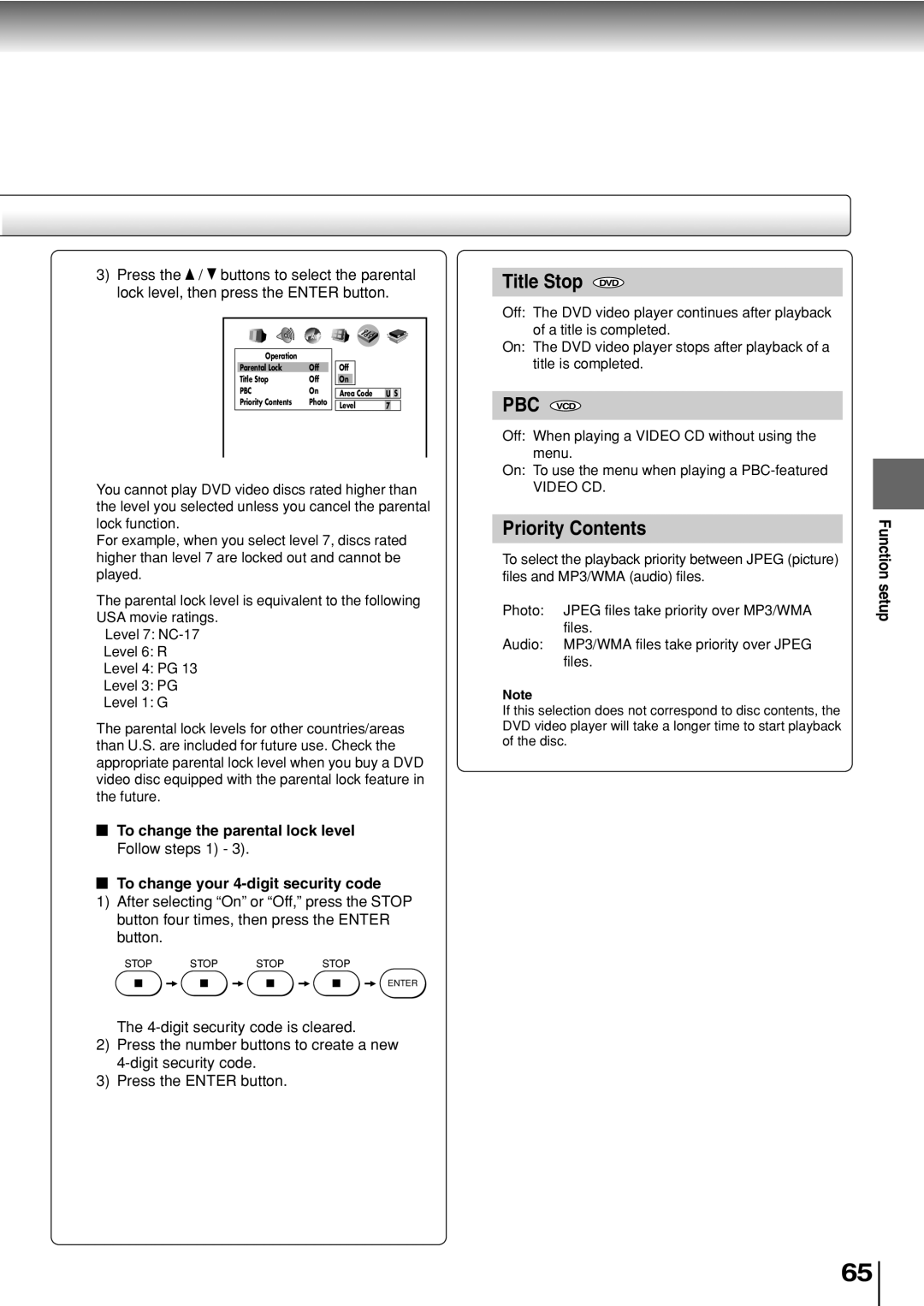 Toshiba SD-330ESB manual Title Stop DVD, Priority Contents 