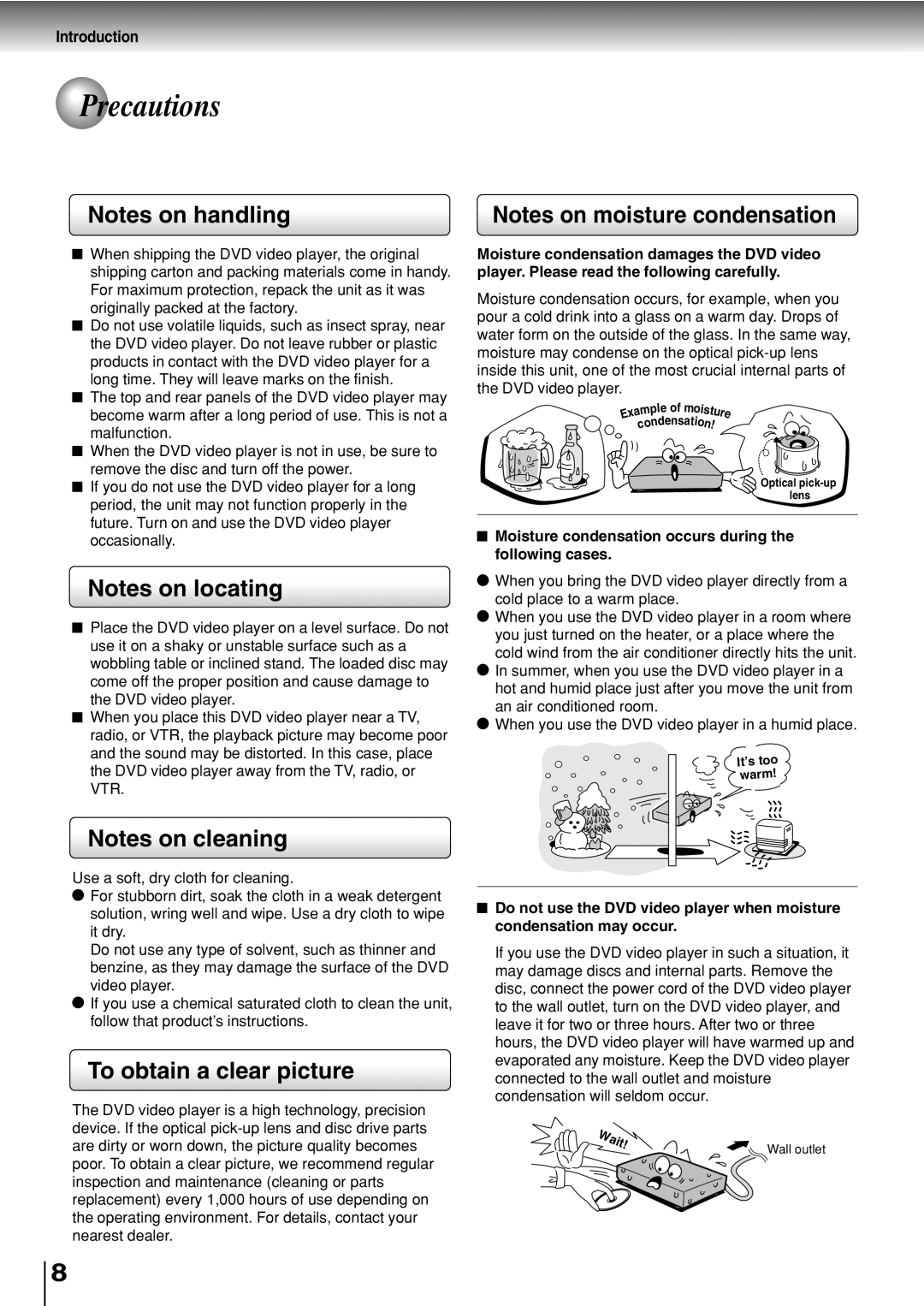 Toshiba SD-330ESB Precautions, To obtain a clear picture, Wait, Moisture condensation occurs during the following cases 