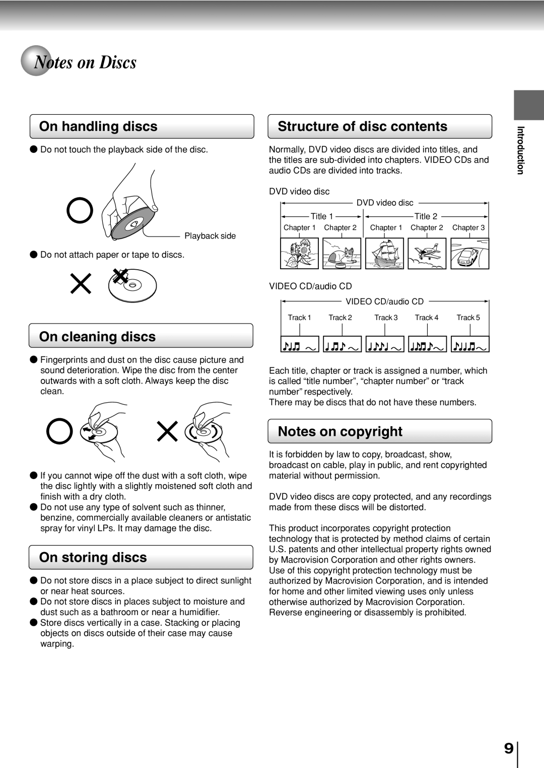 Toshiba SD-330ESB manual On handling discs Structure of disc contents, On cleaning discs, On storing discs 