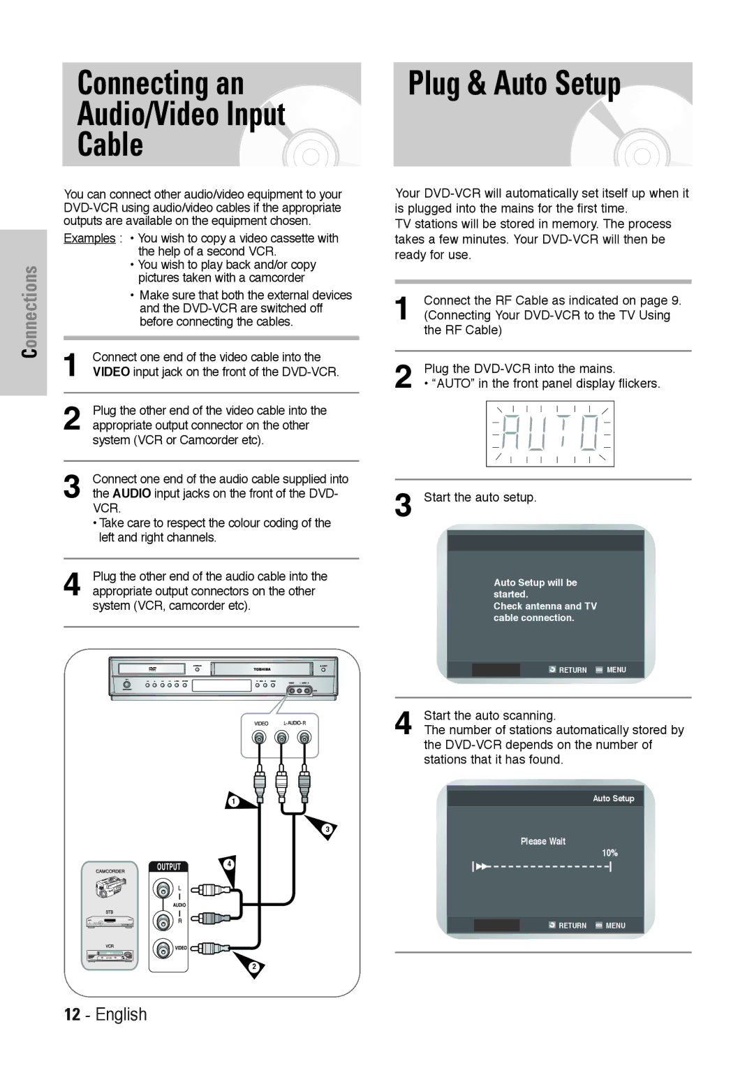 Toshiba SD-36VESE user manual Connecting an Audio/Video Input Cable, Plug & Auto Setup 