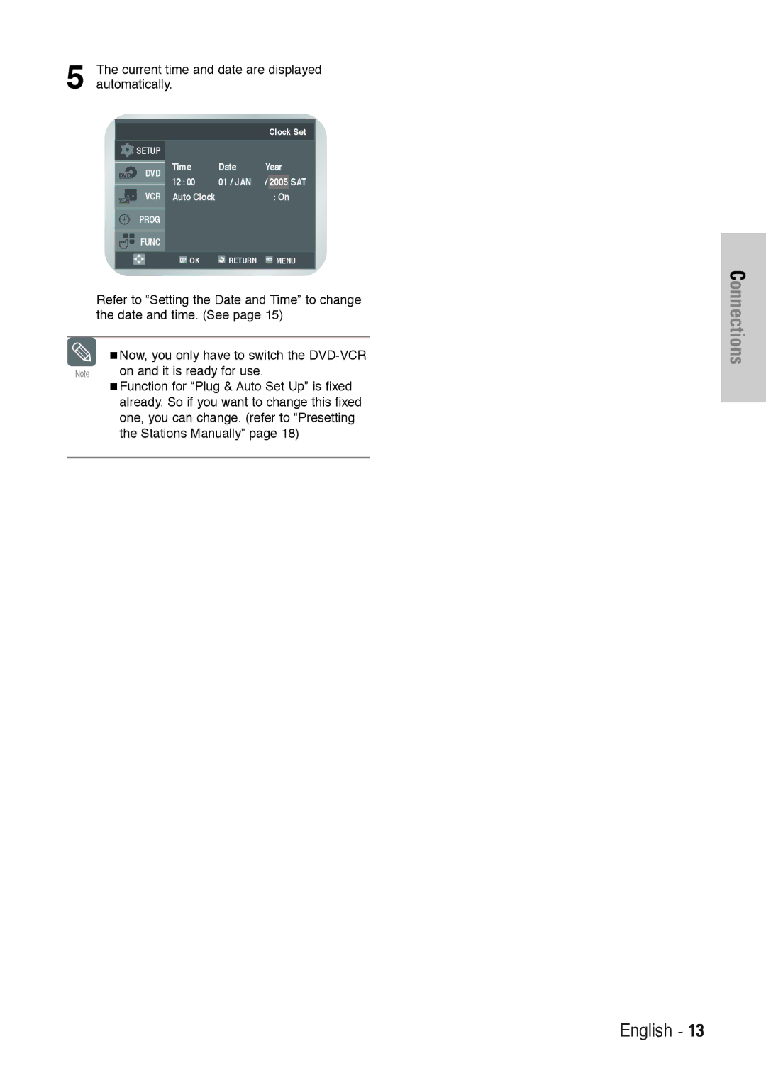 Toshiba SD-36VESE user manual Connections, Current time and date are displayed automatically 