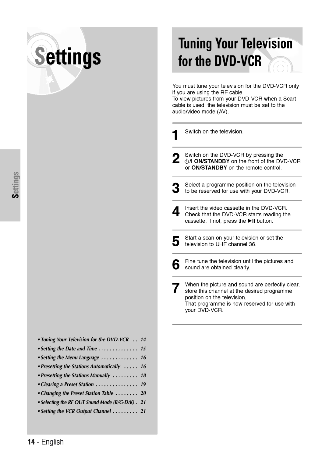 Toshiba SD-36VESE user manual Settings 