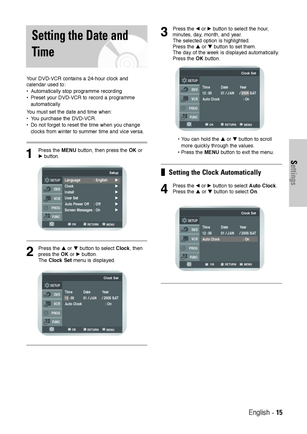 Toshiba SD-36VESE Setting the Date and Time, Setting the Clock Automatically, Press the œ or √ button to select Auto Clock 