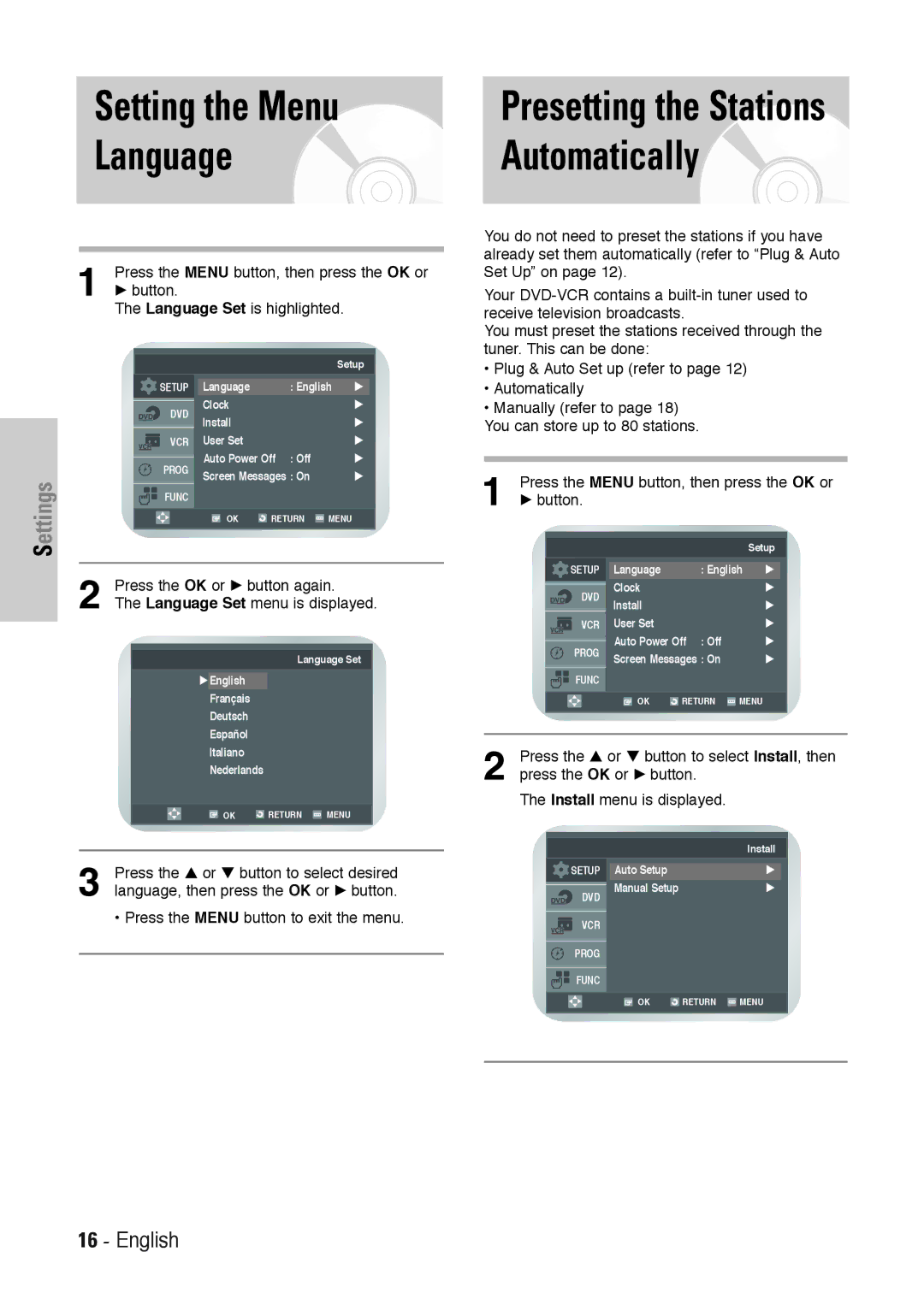 Toshiba SD-36VESE Setting the Menu, Language Automatically, Press the OK or √ button again, Language Set menu is displayed 