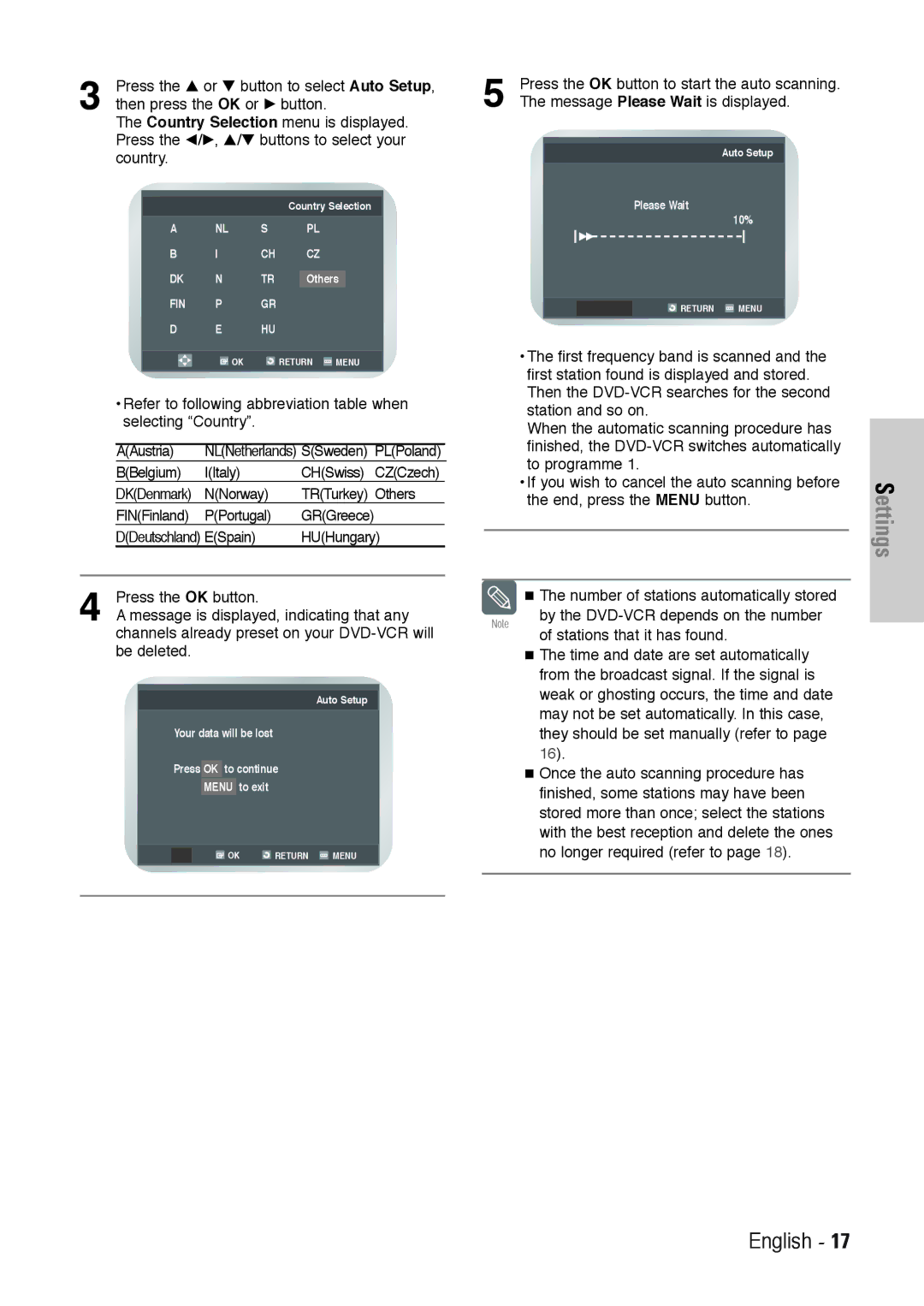 Toshiba SD-36VESE Press the … or † button to select Auto Setup, Then press the OK or √ button, Country, BBelgium IItaly 