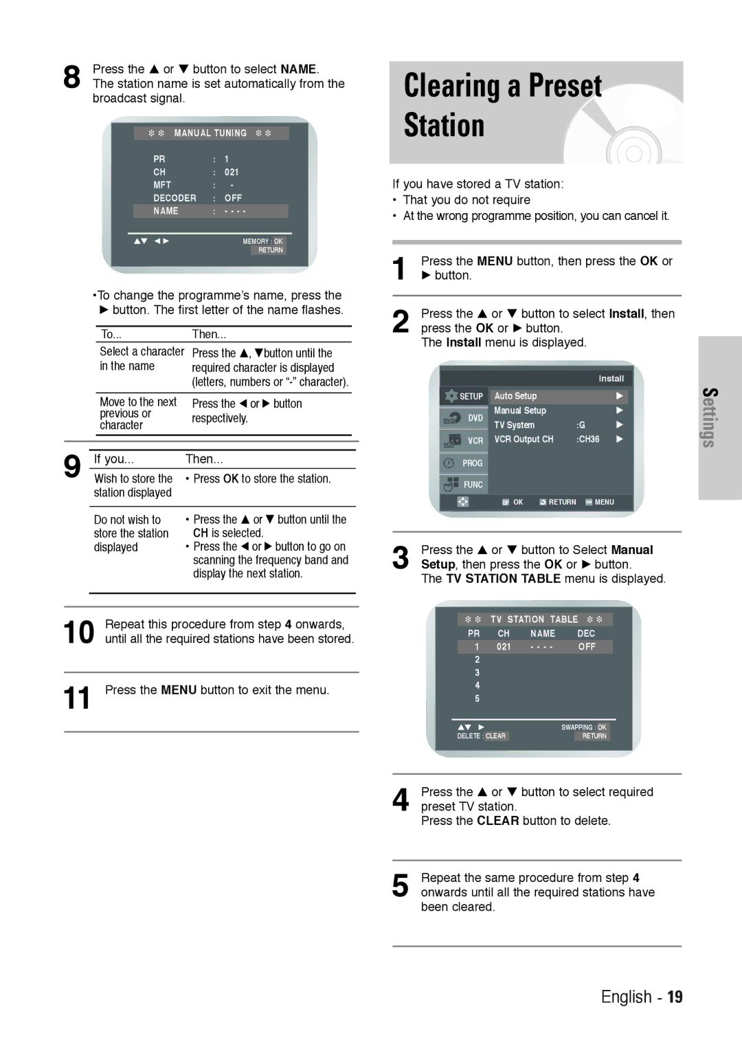 Toshiba SD-36VESE user manual Clearing a Preset Station 