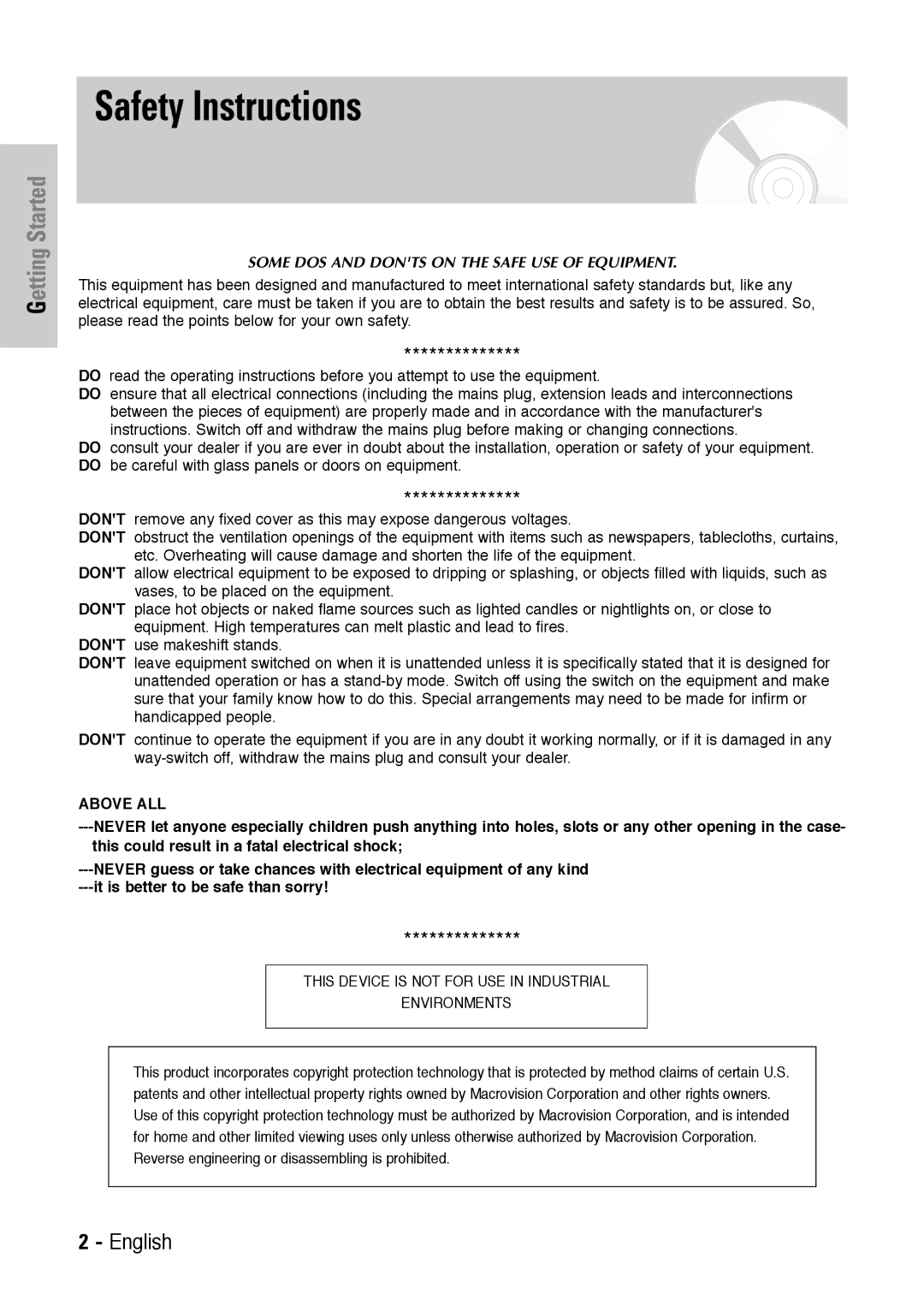 Toshiba SD-36VESE user manual Safety Instructions, Getting Started 