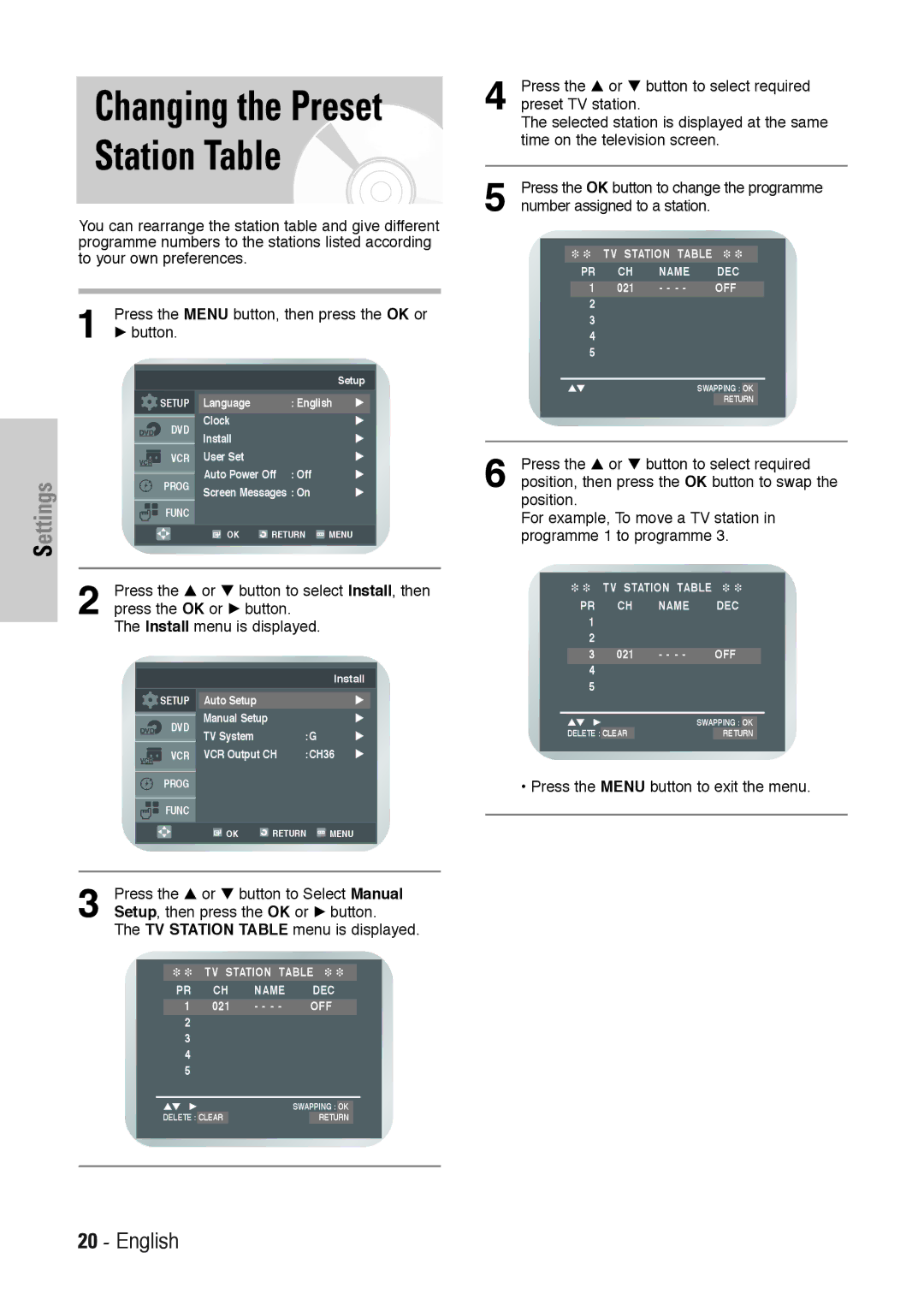 Toshiba SD-36VESE user manual Station Table, Press the … or † button to select required 