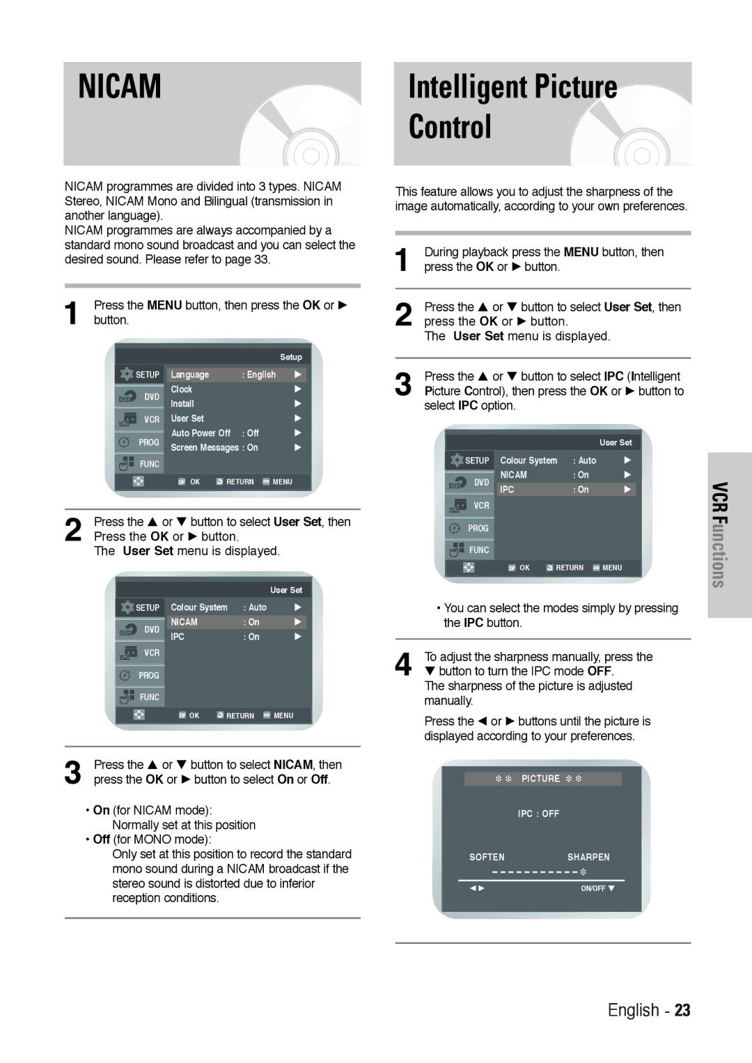 Toshiba SD-36VESE Intelligent Picture Control, Press the … or † button to select User Set, then, Press the OK or √ button 