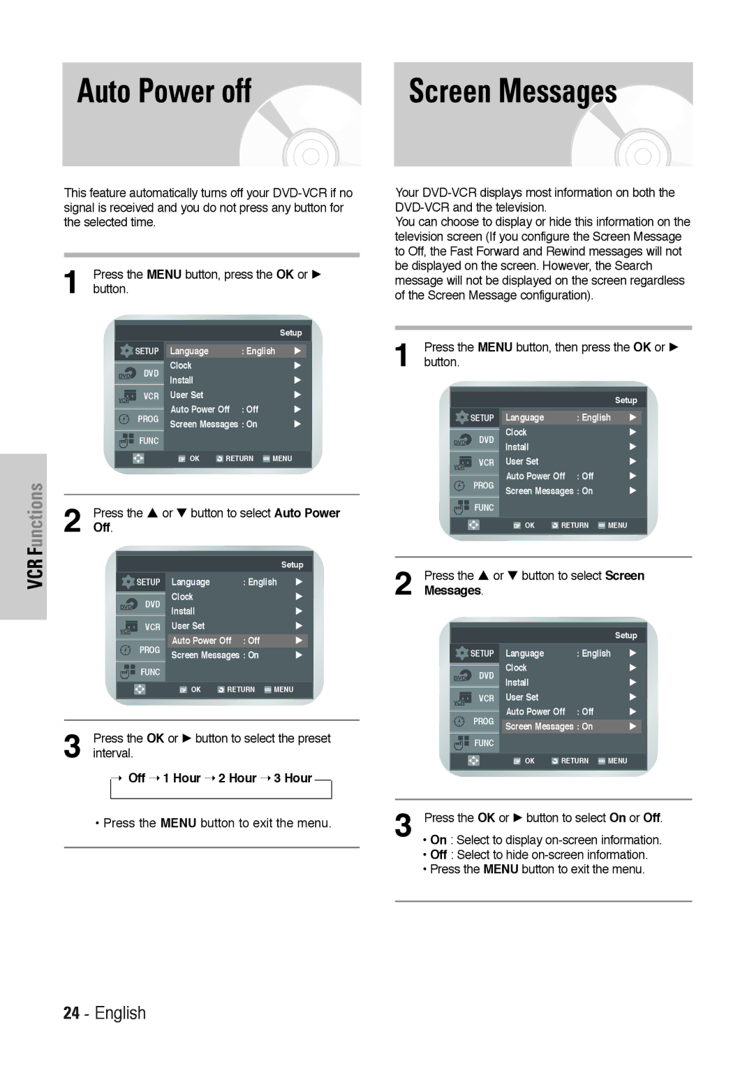 Toshiba SD-36VESE user manual Auto Power off Screen Messages, Off 1 Hour 2 Hour 3 Hour 