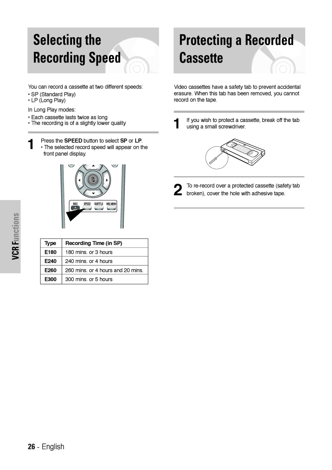 Toshiba SD-36VESE user manual Selecting Recording Speed, Functions, Front panel display, Type Recording Time in SP 