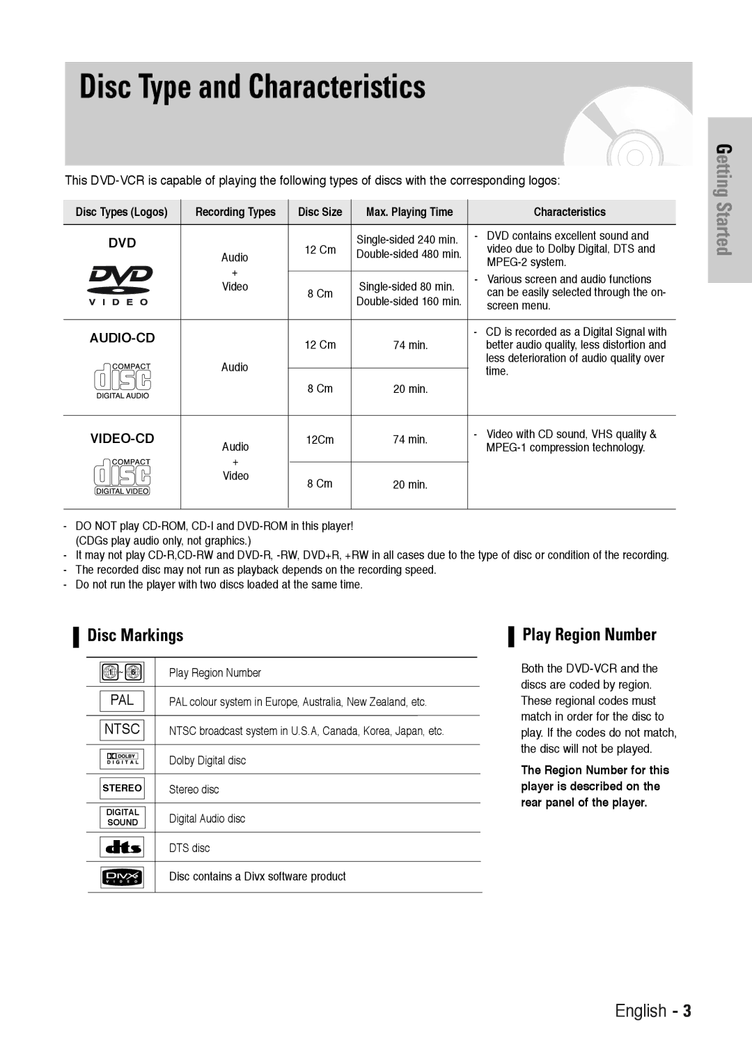 Toshiba SD-36VESE user manual Disc Type and Characteristics, Disc Markings, Play Region Number, Disc Size 