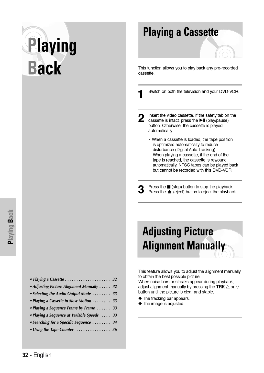 Toshiba SD-36VESE user manual Playing a Cassette, Playing Back 