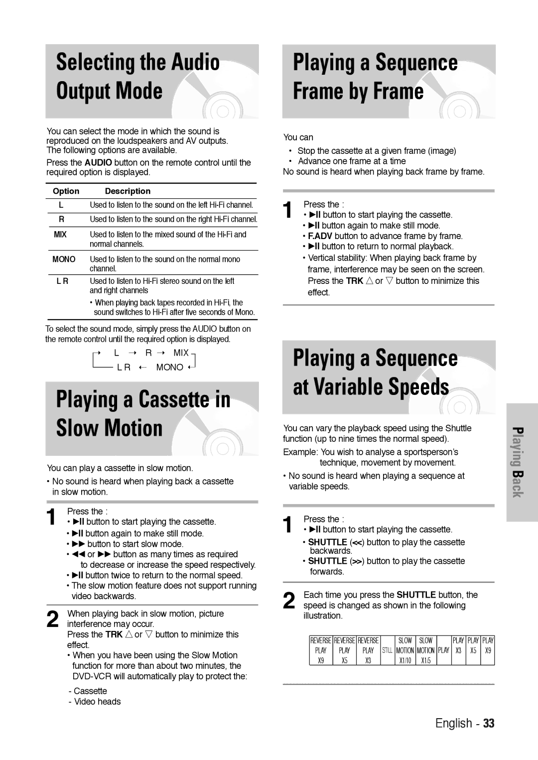 Toshiba SD-36VESE user manual Playing a Sequence Frame by Frame, Option Description 