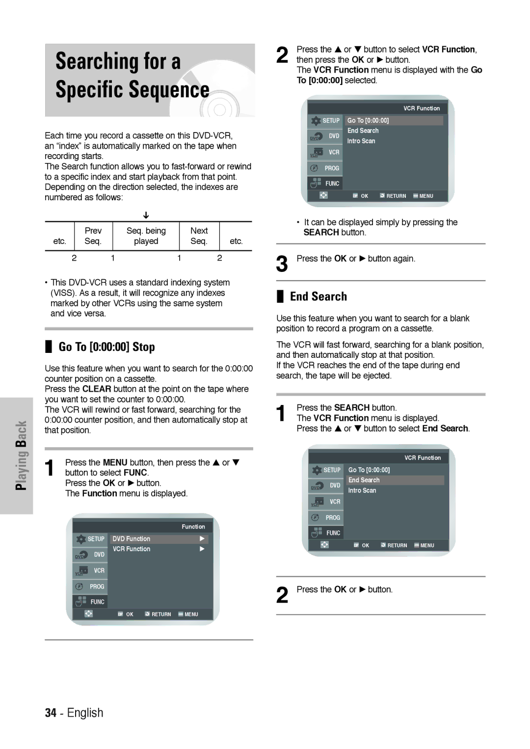 Toshiba SD-36VESE user manual Searching for a Specific Sequence, Go To 00000 Stop, End Search 