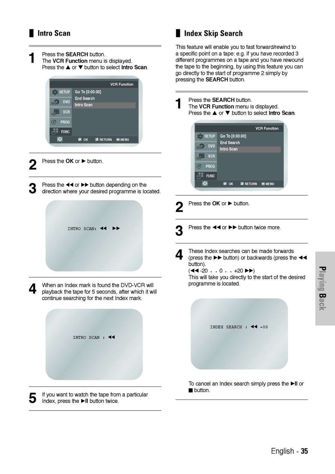 Toshiba SD-36VESE user manual Intro Scan, Index Skip Search 