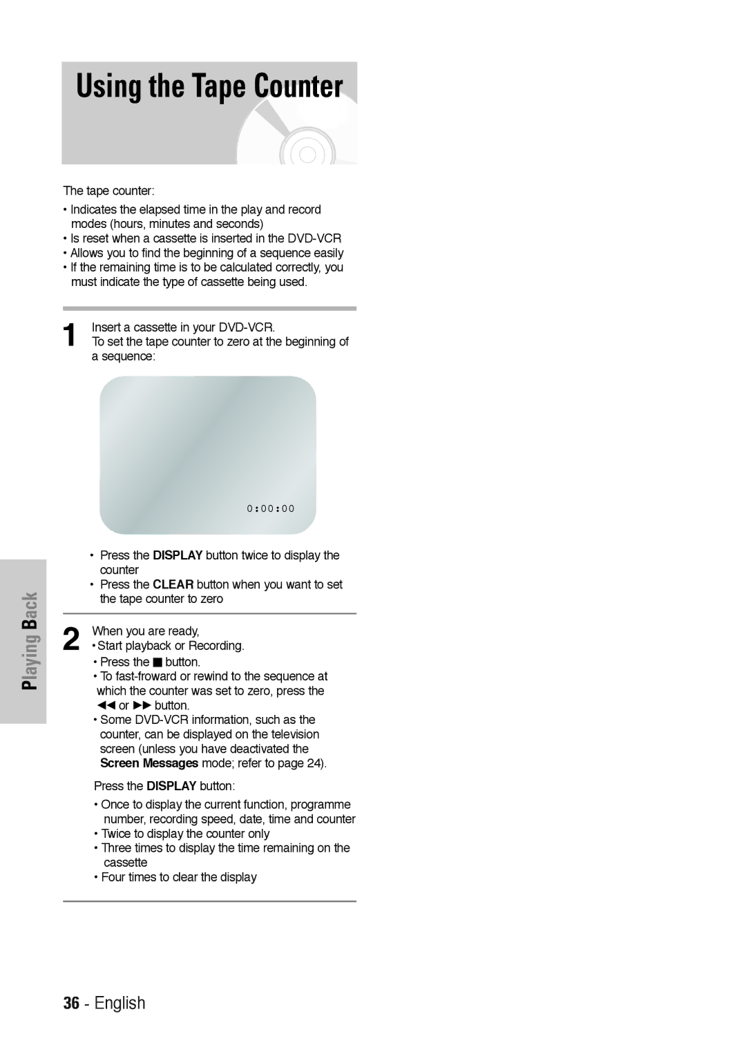 Toshiba SD-36VESE user manual Using the Tape Counter, Sequence 