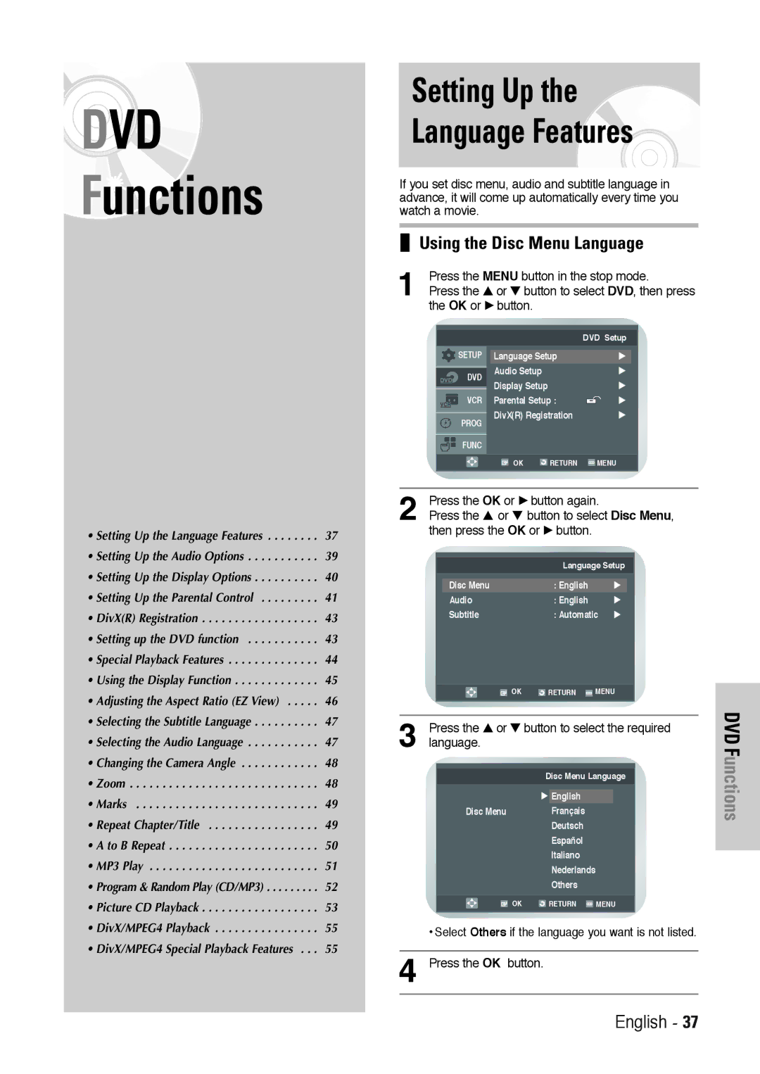 Toshiba SD-36VESE user manual Setting Up Language Features, DVD Functions, Using the Disc Menu Language 