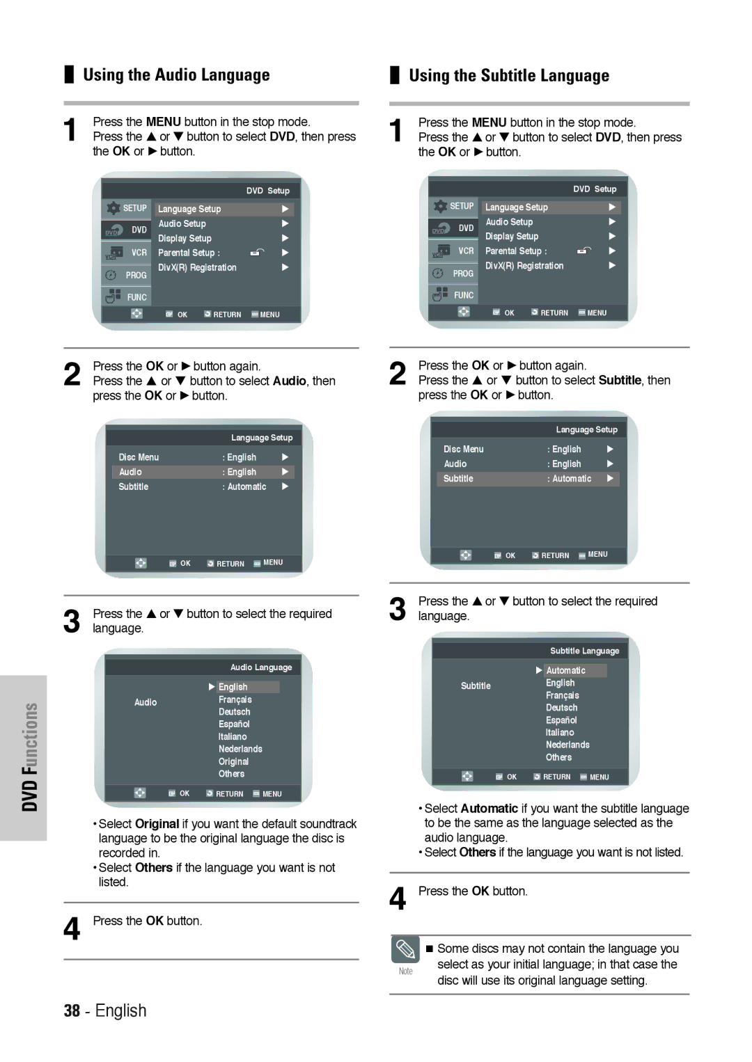 Toshiba SD-36VESE user manual Using the Audio Language, Using the Subtitle Language 