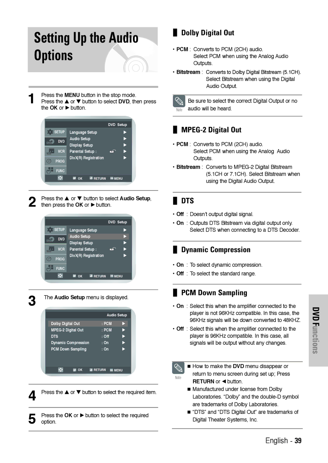 Toshiba SD-36VESE user manual Setting Up the Audio Options, Dolby Digital Out, MPEG-2 Digital Out, Dynamic Compression 