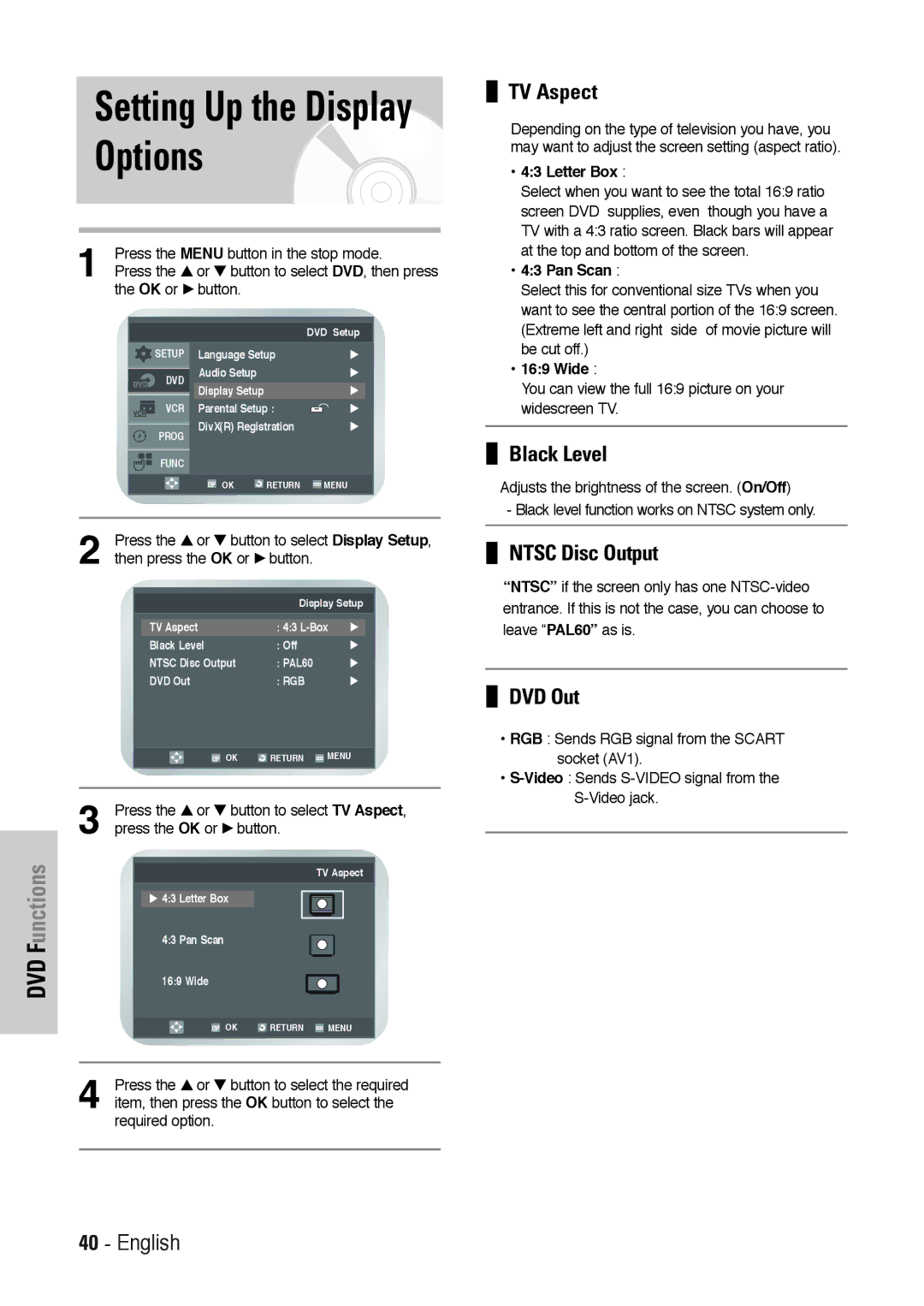 Toshiba SD-36VESE user manual Options, TV Aspect, Black Level, Ntsc Disc Output, DVD Out 