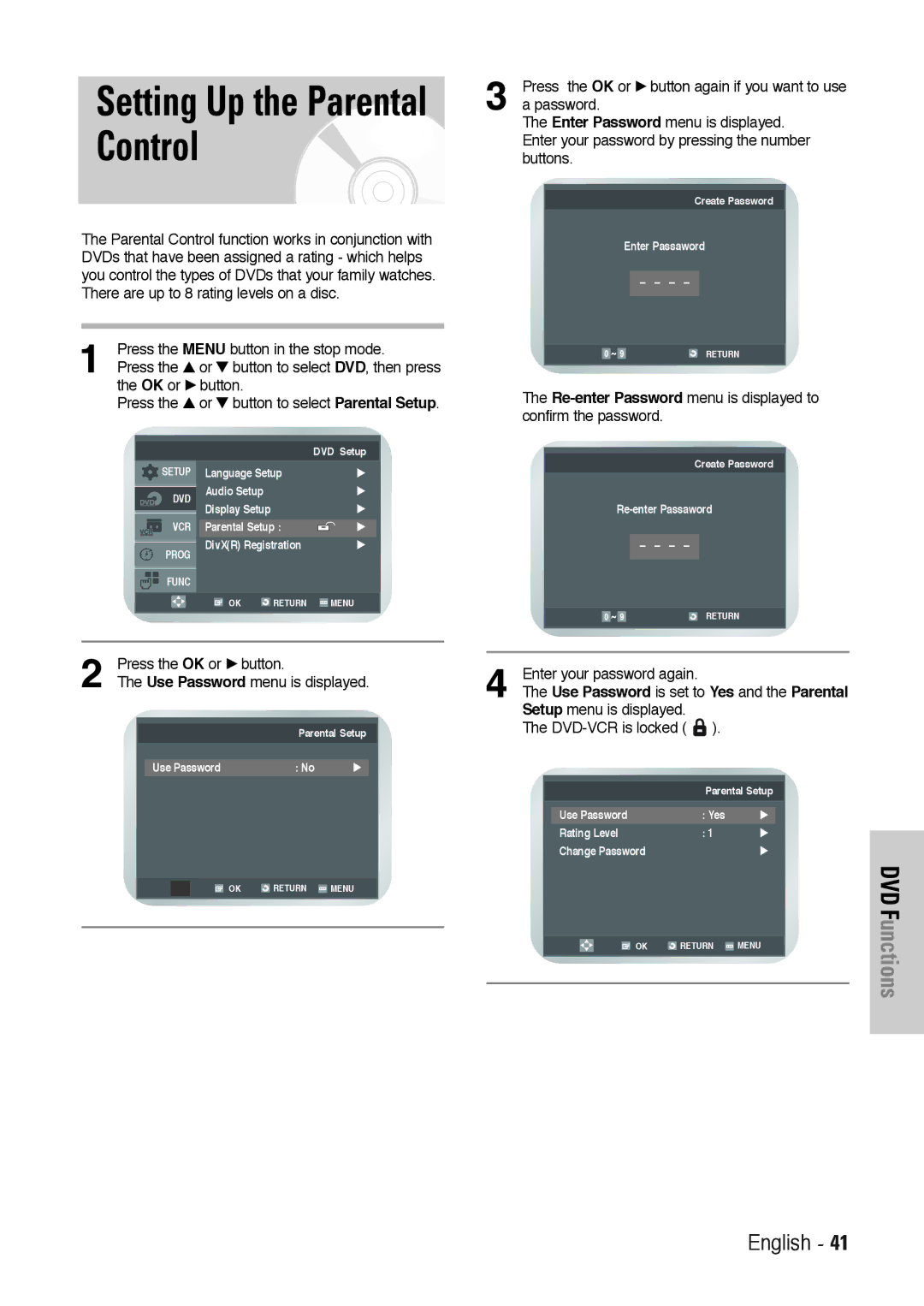 Toshiba SD-36VESE user manual Setting Up the Parental Control, Press the OK or √ button Use Password menu is displayed 