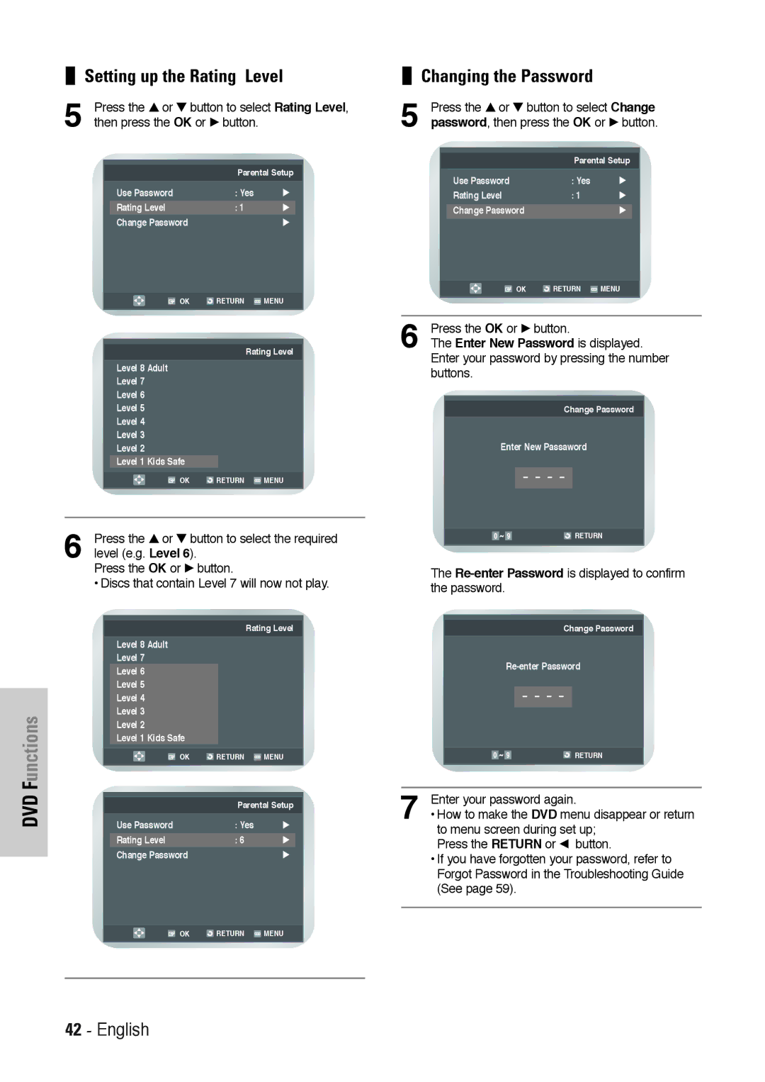 Toshiba SD-36VESE user manual Setting up the Rating Level, Changing the Password 