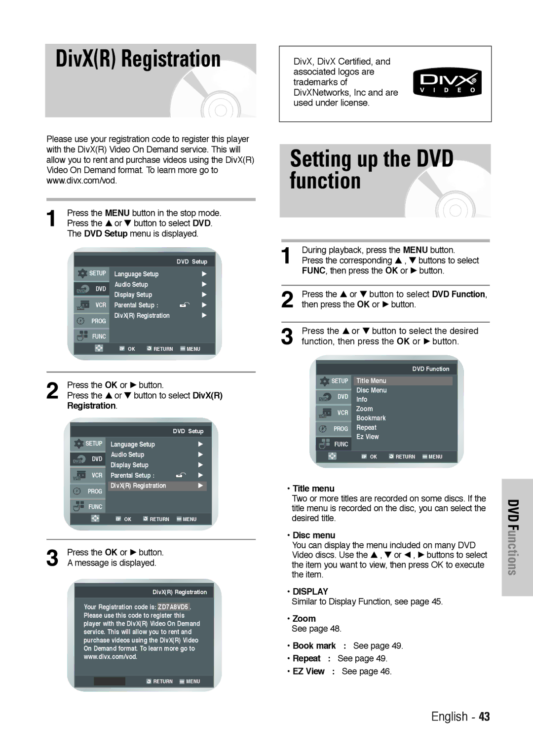 Toshiba SD-36VESE user manual DivXR Registration, Setting up the DVD function 