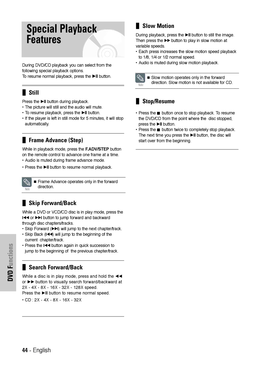 Toshiba SD-36VESE user manual Slow Motion, Still, Frame Advance Step, Stop/Resume, Skip Forward/Back, Search Forward/Back 