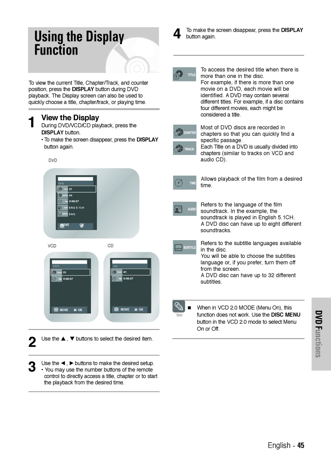 Toshiba SD-36VESE user manual Using the Display Function, During DVD/VCD/CD playback, press, Display button 