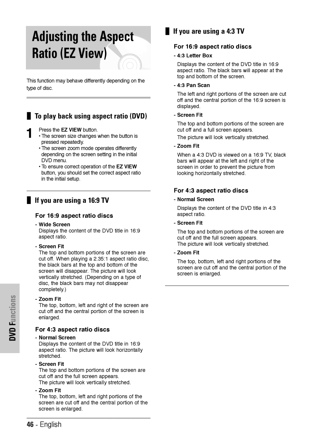 Toshiba SD-36VESE user manual Ratio EZ View, If you are using a 169 TV, If you are using a 43 TV 