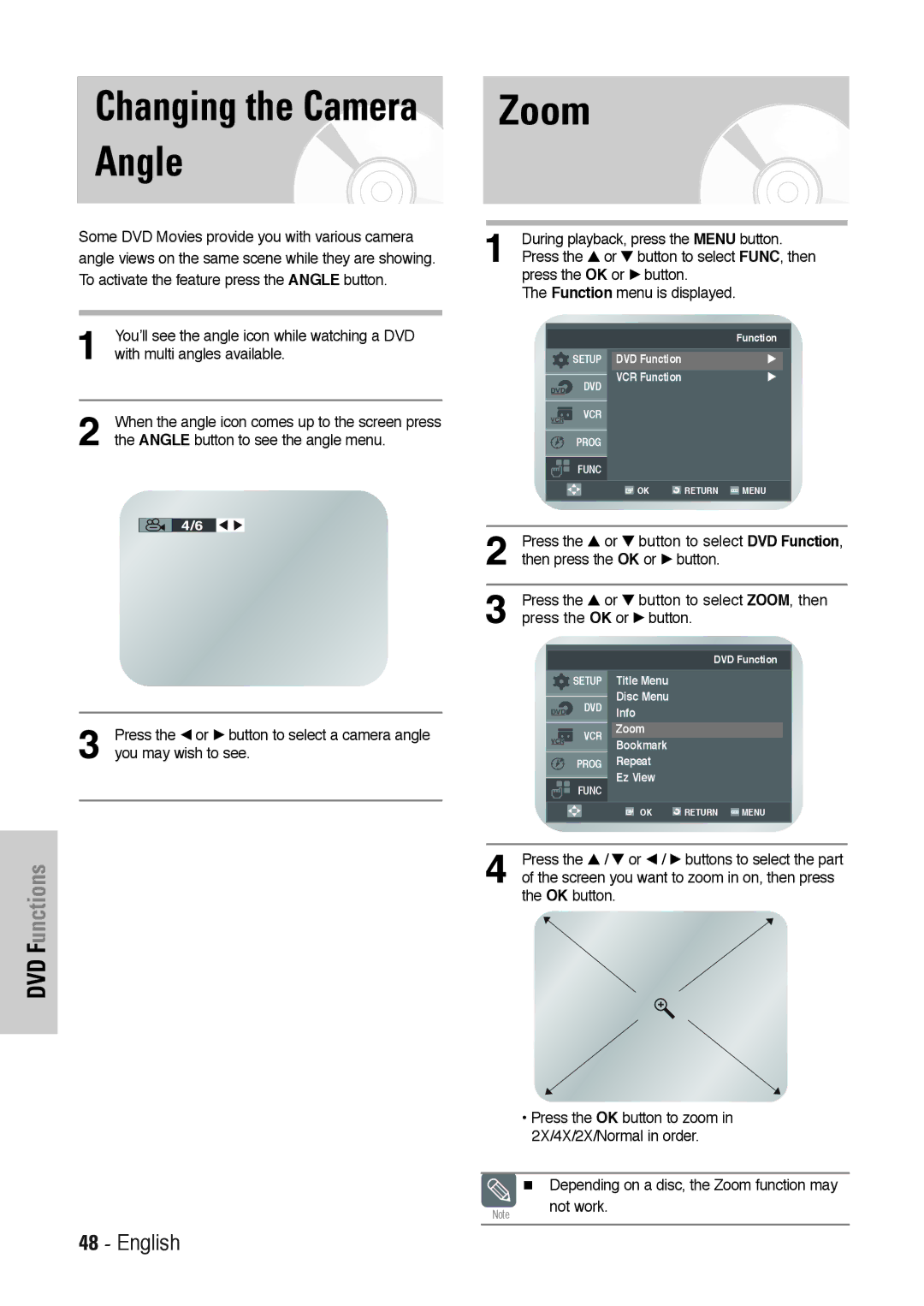 Toshiba SD-36VESE user manual Changing the Camera Angle, Zoom, Press the … or † button to select FUNC, then 