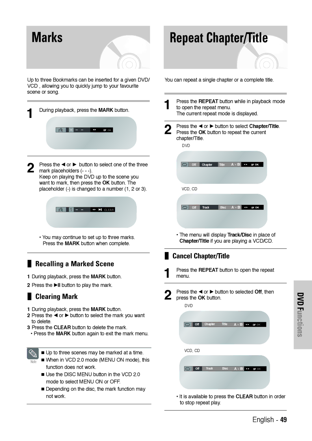 Toshiba SD-36VESE user manual Marks, Repeat Chapter/Title, Recalling a Marked Scene, Clearing Mark, Cancel Chapter/Title 