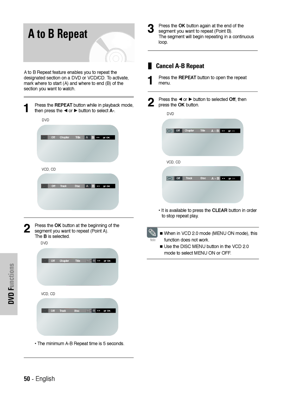 Toshiba SD-36VESE user manual To B Repeat, Cancel A-B Repeat 