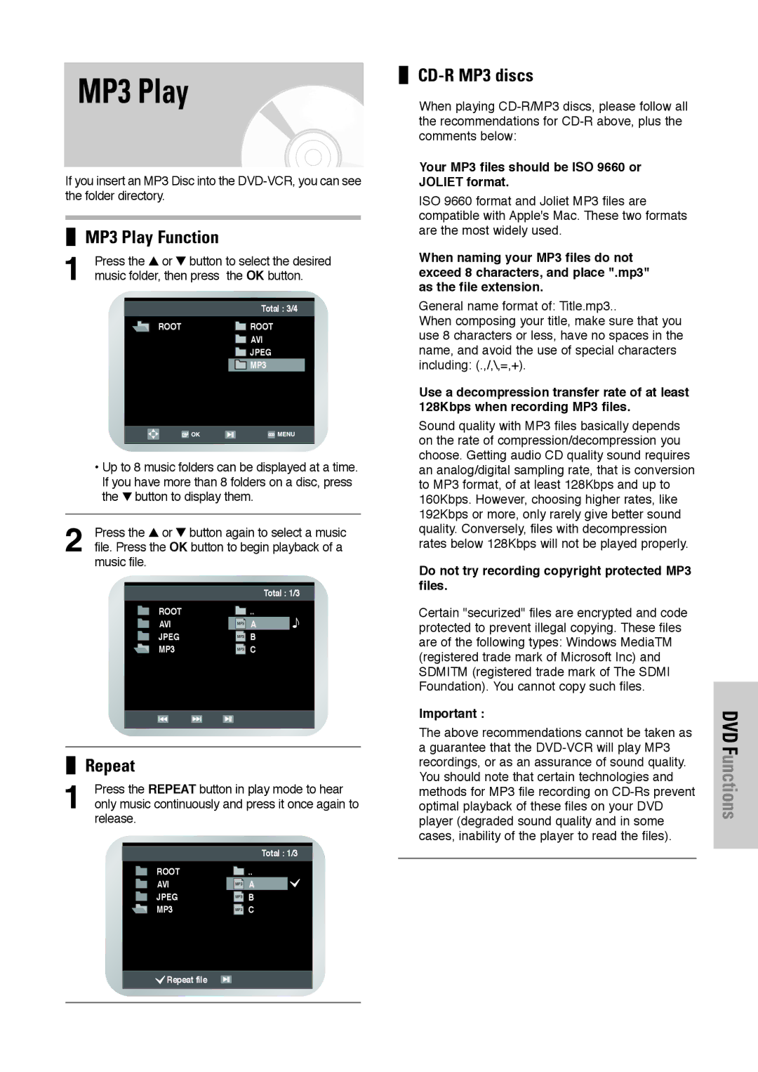 Toshiba SD-36VESE user manual MP3 Play Function, Repeat, CD-R MP3 discs 