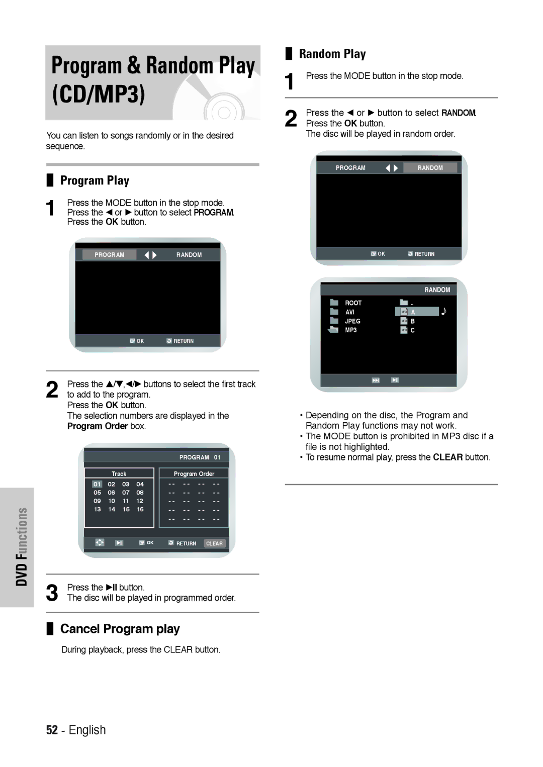 Toshiba SD-36VESE user manual Program Play, Random Play, Press the …/ †, œ/ √ buttons to select the first track 