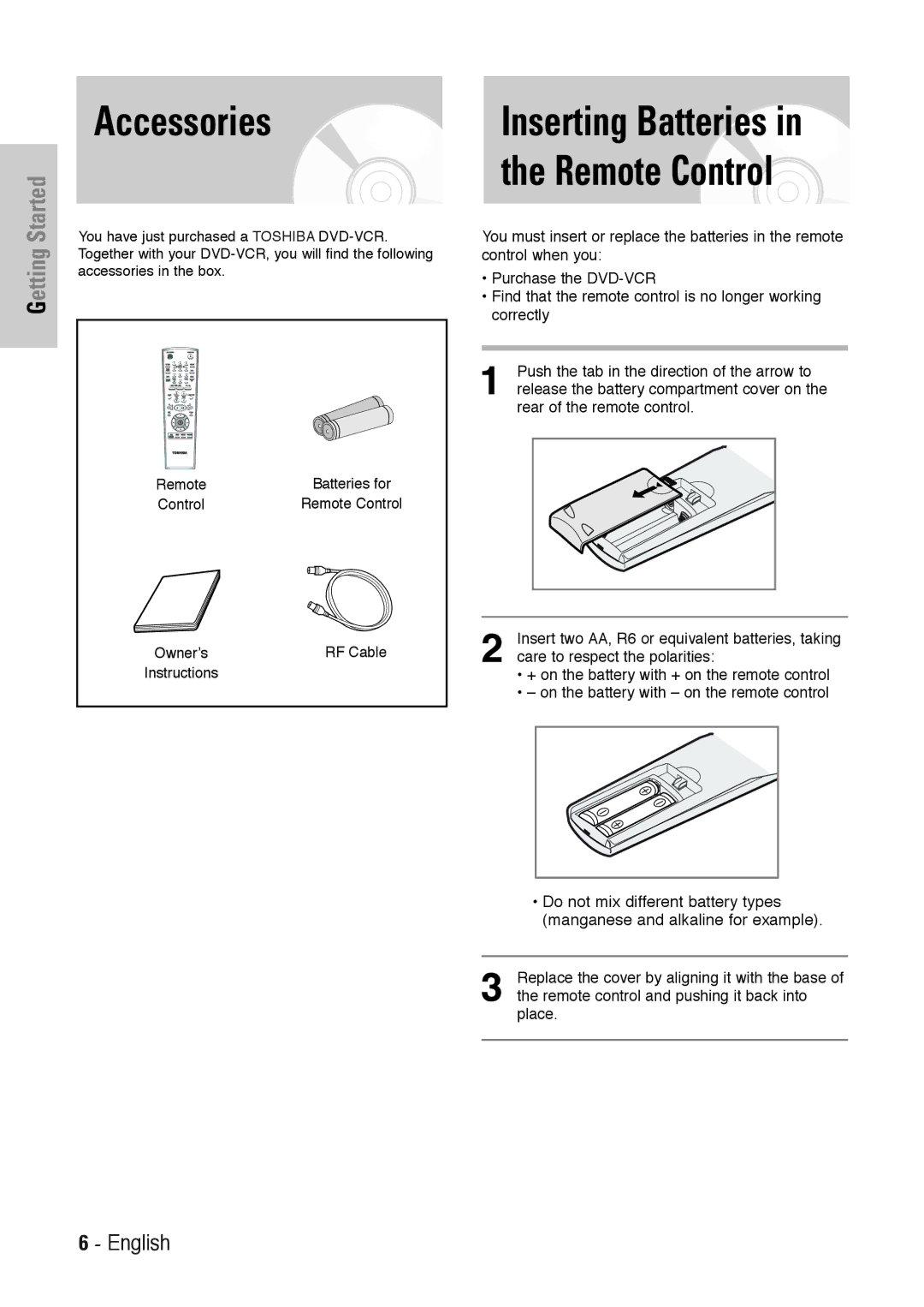 Toshiba SD-36VESE user manual Accessories, Started 