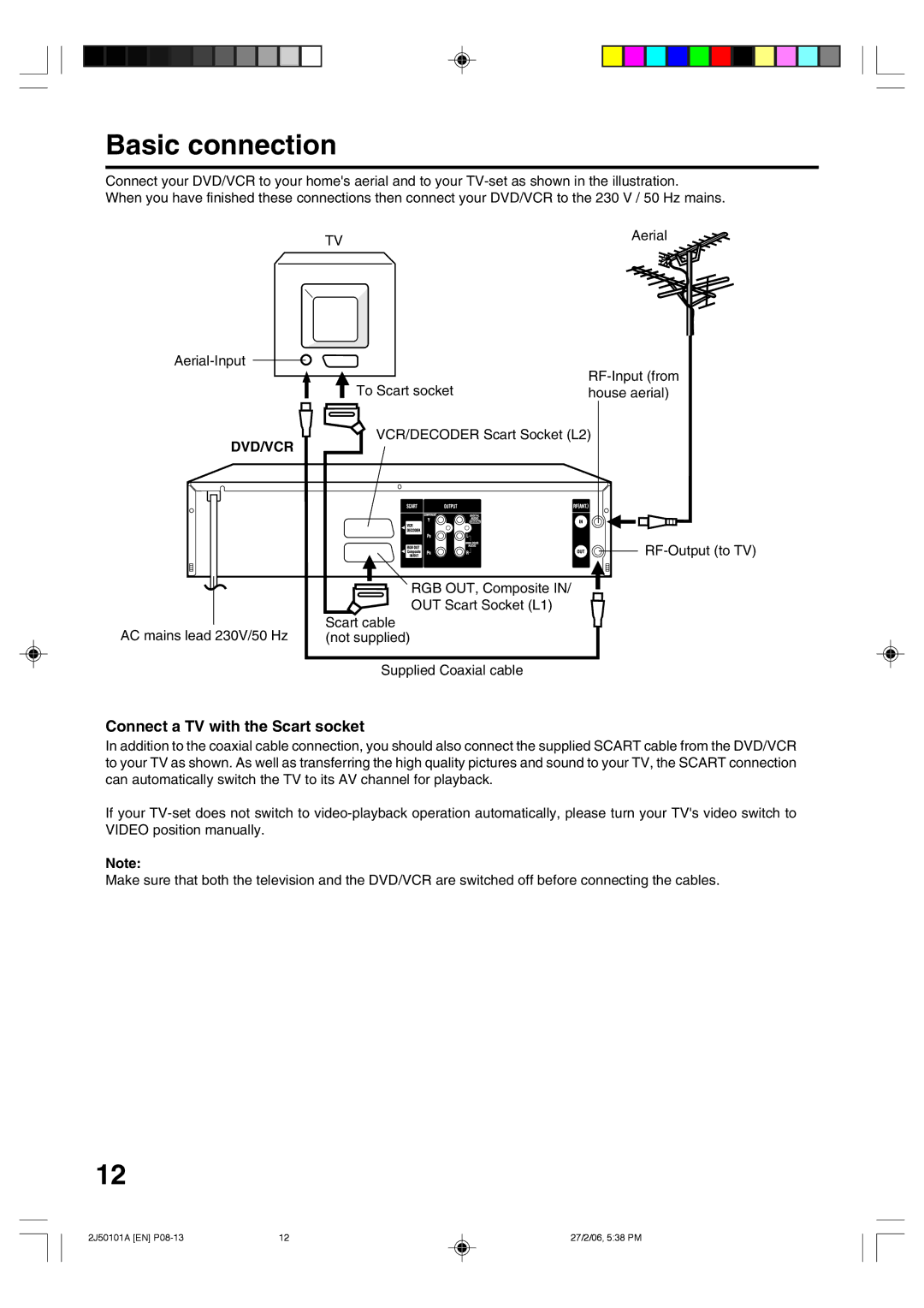 Toshiba SD-37VBSB manual Basic connection, Connect a TV with the Scart socket, House aerial, Dvd/Vcr 